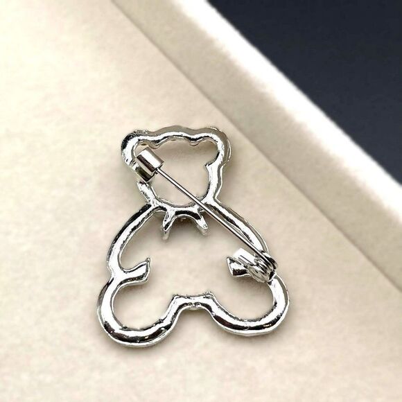 Silver with White Diamond Crystal Teddy Bear and Bow Silhouette Pin Back Brooch - Picture 5 of 7